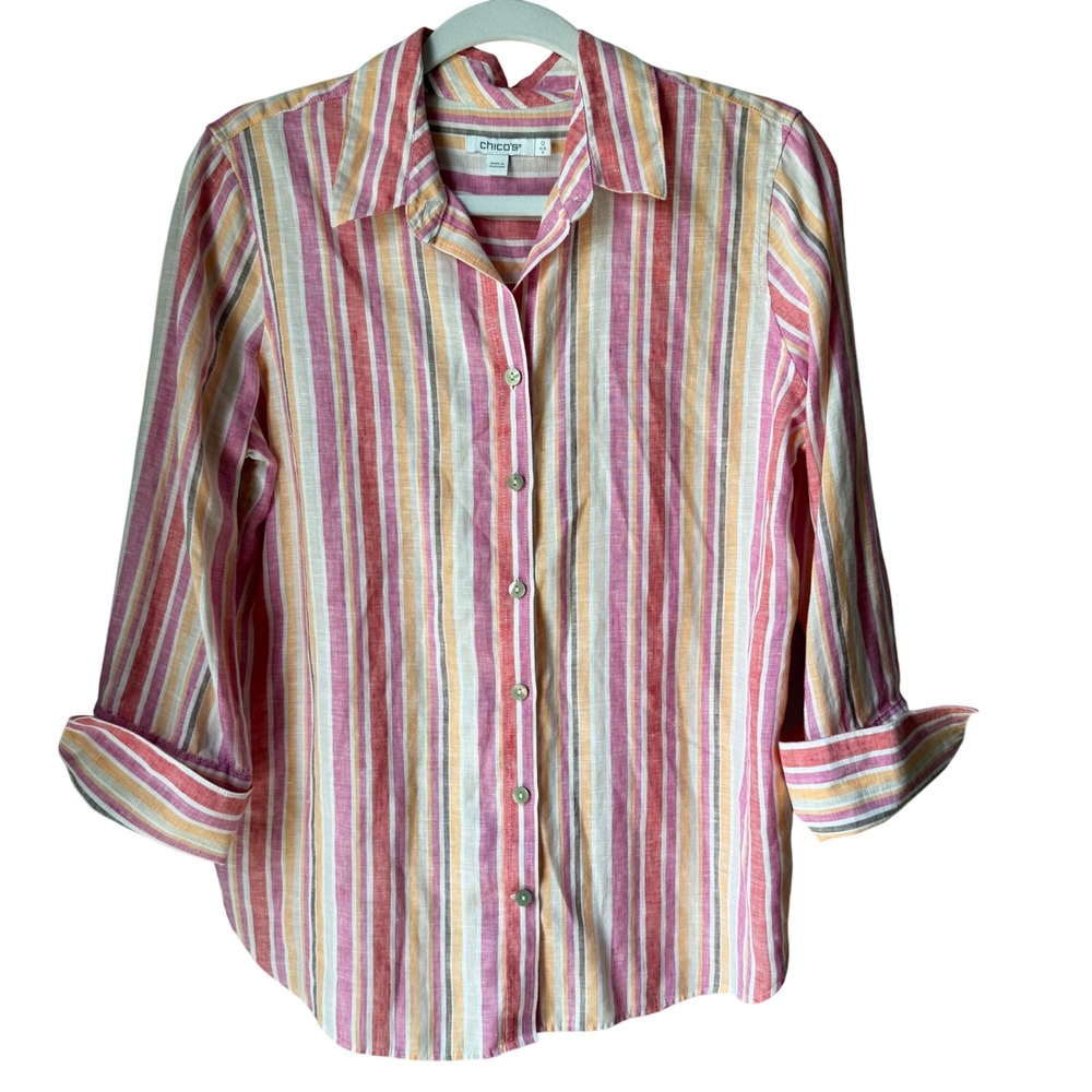Chico's‎ 100% Linen Pink Yellow Striped Button Up Shirt 3/4 Sleeve Size O Small